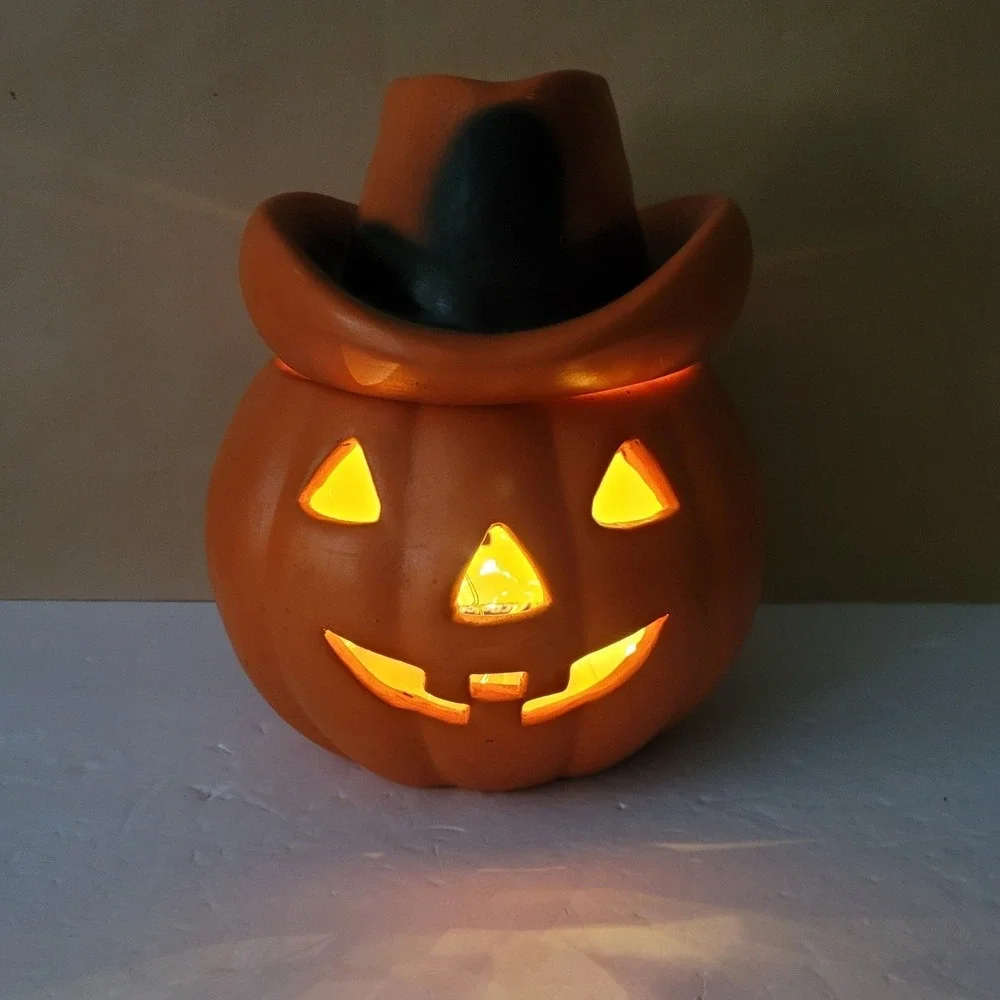 Vintage Halloween Ceramic Jack-O-Lantern Cowboy Hat Pumpkin Decor 10in Orange